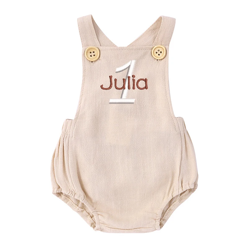 Baby Summer Linen Sleeveless Jumpsuit - Nome ricamato 1° compleanno pagliaccetto pagliaccetto